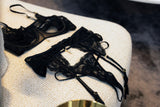 Oh la la Cheri Femi Unlined Underwire Stretch Lace 3pc Set with Rhinestone Charm Details Black