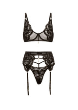 Oh la la Cheri Femi Unlined Underwire Stretch Lace 3pc Set with Rhinestone Charm Details Black