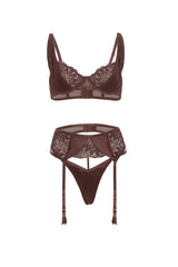 Oh la la Cheri Adeline Unlined Underwire Lace and Satin 3pc Set Chocolate