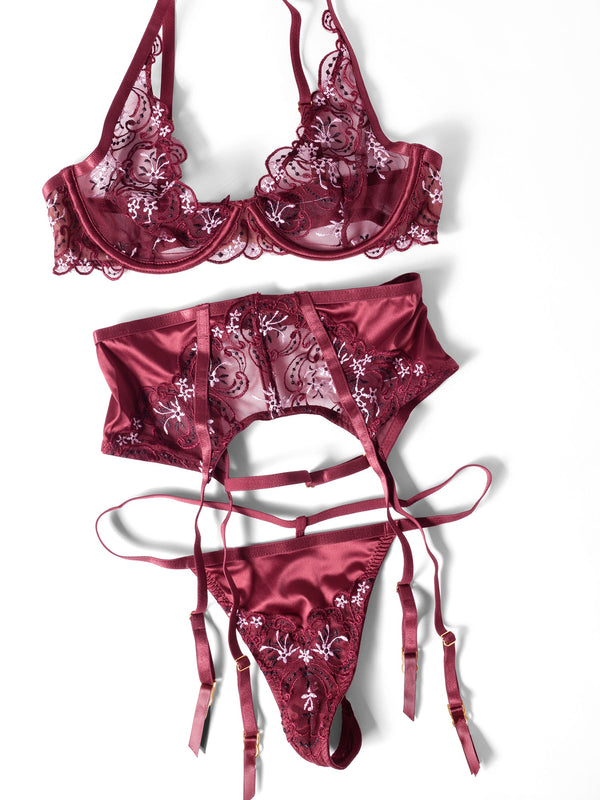Eloise Sheer Embroidery Plunging Underwire Cups Bra Set