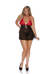 Elegant Moments Queen Sheer Mesh Lace Halter Neck Babydoll Black/Red