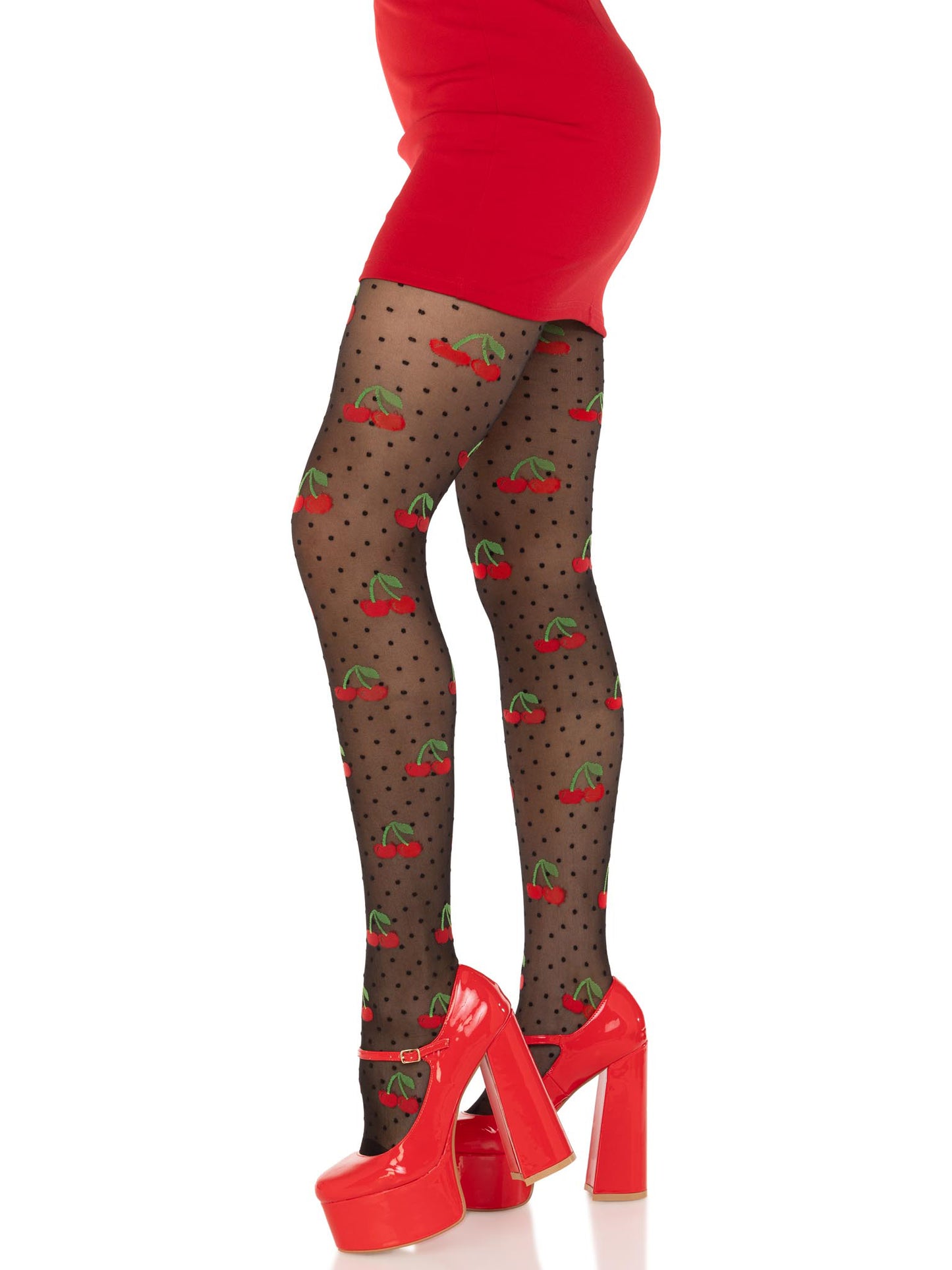 Leg Avenue Polka Dot Cherry Tights - One Size - Black