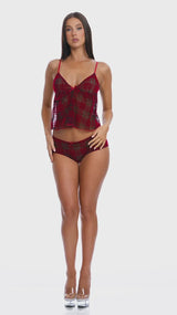 Forplay Velvet Lines Plaid Mesh Cami and Boyshorts Lingerie Set