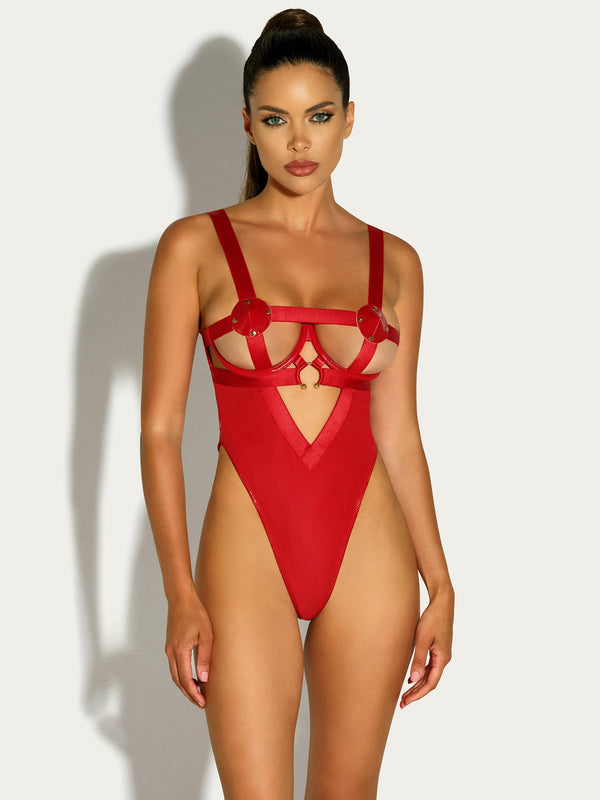Oh la la Cheri Erotic Caged Open Cups Teddy Red