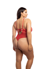 Oh la la Cheri Queen Hailey Stretch Galloon Lace Teddy with Stretch Satin Paneling and Non-functional Bow Detail Red