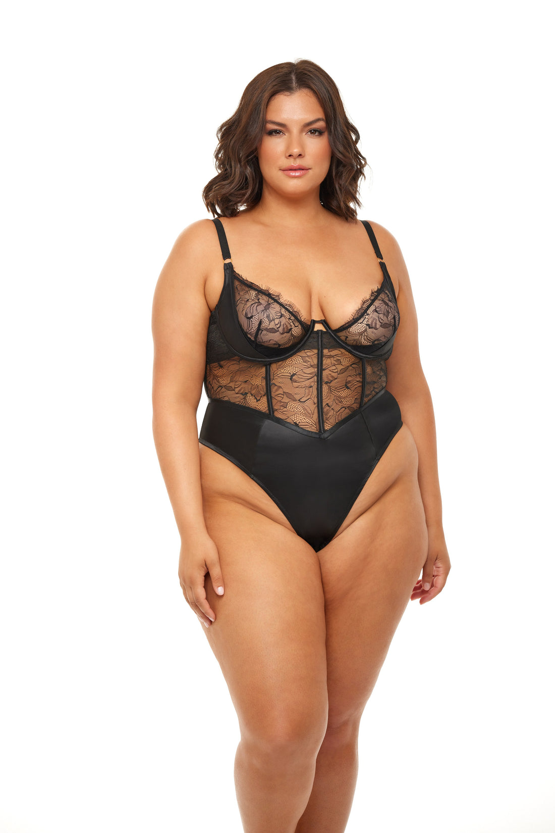 Oh la la Cheri Queen Carmella Unlined Shelf Teddy with Lace Detail and Satin Boning Inserts Black