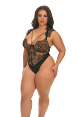 Oh la la Cheri Queen Madelyn Cap Sleeve Eyelash Lace Teddy with Strap Detail Black