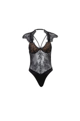 Oh la la Cheri Madelyn Cap Sleeve Eyelash Lace Teddy with Strap Detail Black