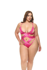 Oh la la Cheri Queen Lace Unlined Underwire Shelf Cup Teddy with Wide Crossing Elastics and Large Functional Bow Pink Yarrow