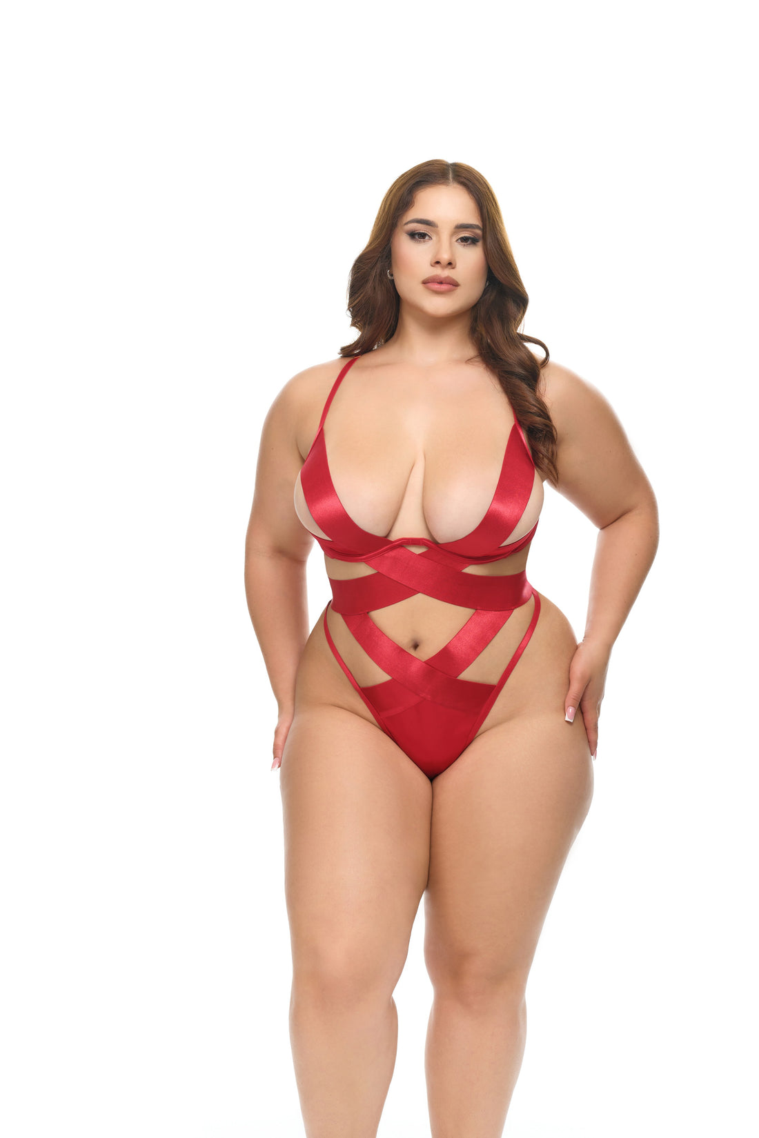 Oh la la Cheri Queen Lace Unlined Underwire Shelf Cup Teddy with Wide Crossing Elastics and Large Functional Bow Red