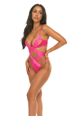Oh la la Cheri Lace Unlined Underwire Shelf Cup Teddy with Wide Crossing Elastics and Large Functional Bow Pink Tulle