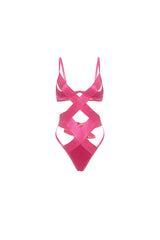 Oh la la Cheri Lace Unlined Underwire Shelf Cup Teddy with Wide Crossing Elastics and Large Functional Bow Pink Tulle