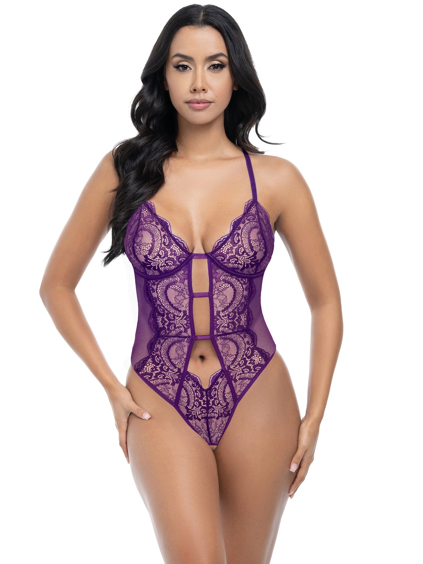 Oh la la Cheri Carmen Lace Crotchless Teddy Imperial Purple