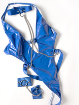 Oh la la Cheri Queen Submissive V-plunge Vynl Teddy with Removable Chain Harness and Hand Cuff Cobalt Blue