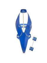 Oh la la Cheri Submissive V-plunge Vynl Teddy with Removable Chain Harness and Hand Cuff Cobalt Blue