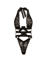 Oh la la Cheri Camille Lace Halter Teddy with O-ring and Lace Up Details Black