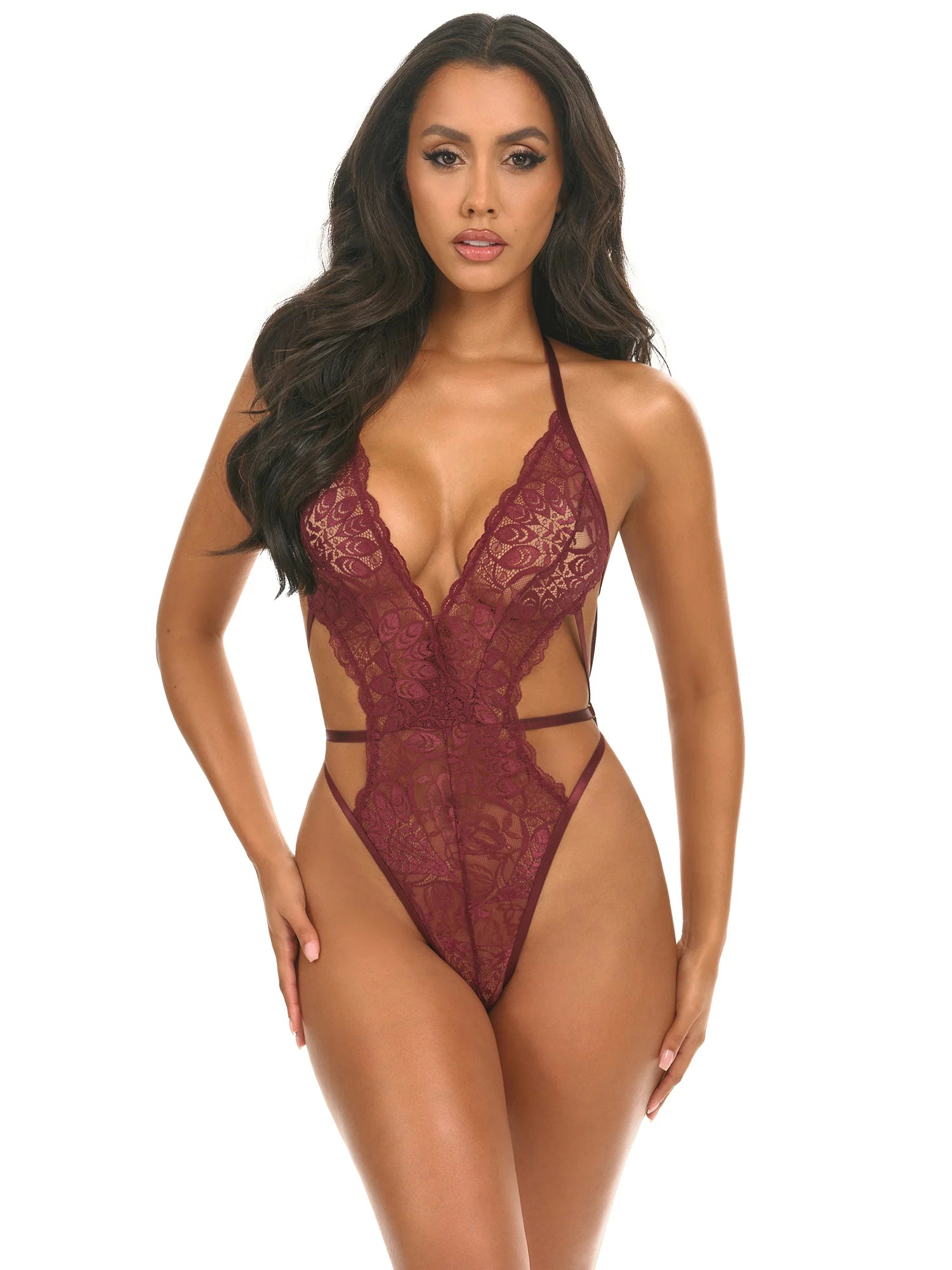 Oh la la Cheri Lina Lace Halter Teddy - Zinfandel