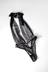 Oh la la Cheri Prina Mesh V-plunge Halter Teddy with Ruching Details Black