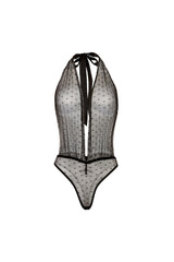Oh la la Cheri Prina Mesh V-plunge Halter Teddy with Ruching Details Black