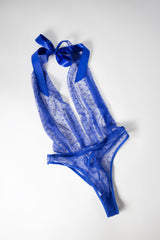 Oh la la Cheri Prina Mesh V-plunge Halter Teddy with Ruching Details Cobalt Blue