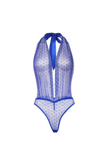 Oh la la Cheri Prina Mesh V-plunge Halter Teddy with Ruching Details Cobalt Blue
