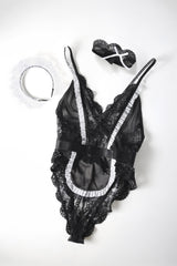 Oh la la Cheri Maid to Seduce Soft Cup Mesh and Lace Maid Teddy with Ruffle Trim and Open Back Black/White
