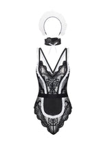 Oh la la Cheri Maid to Seduce Soft Cup Mesh and Lace Maid Teddy with Ruffle Trim and Open Back Black/White