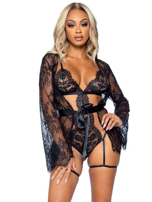 Leg Avenue All Romance Lace Teddy and Robe Set Black