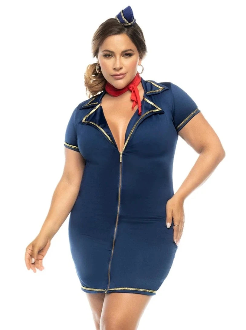 Mapale Queen Sexy Flight Attendant Stewardess Costume Blue/Gold