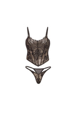 Oh la la Cheri Cybille Lined Eyelash Lace Bustier with Boning Inserts, Removable Straps, and Matching Thong Panty Black