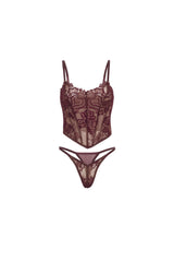 Oh la la Cheri Cybille Lined Eyelash Lace Bustier with Boning Inserts, Removable Straps, and Matching Thong Panty Windsor Wine
