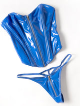 Oh la la Cheri Queen Rider Vinyl Bustier with Front Functional Zipper and Matching Panty Cobalt Blue