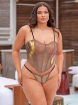Oh la la Cheri Queen Nova Iridescent Mesh Bustier with Boning Inserts and Matching G-string Panty Light Iridescent/Black