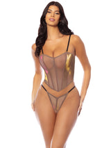 Oh la la Cheri Nova Iridescent Mesh Bustier with Boning Inserts and Matching G-string Panty Light Iridescent/Black