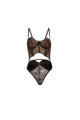Oh la la Cheri Emery Underwire Padded Cup Eyelash Lace and Velvet Bustier with Matching Panty Black