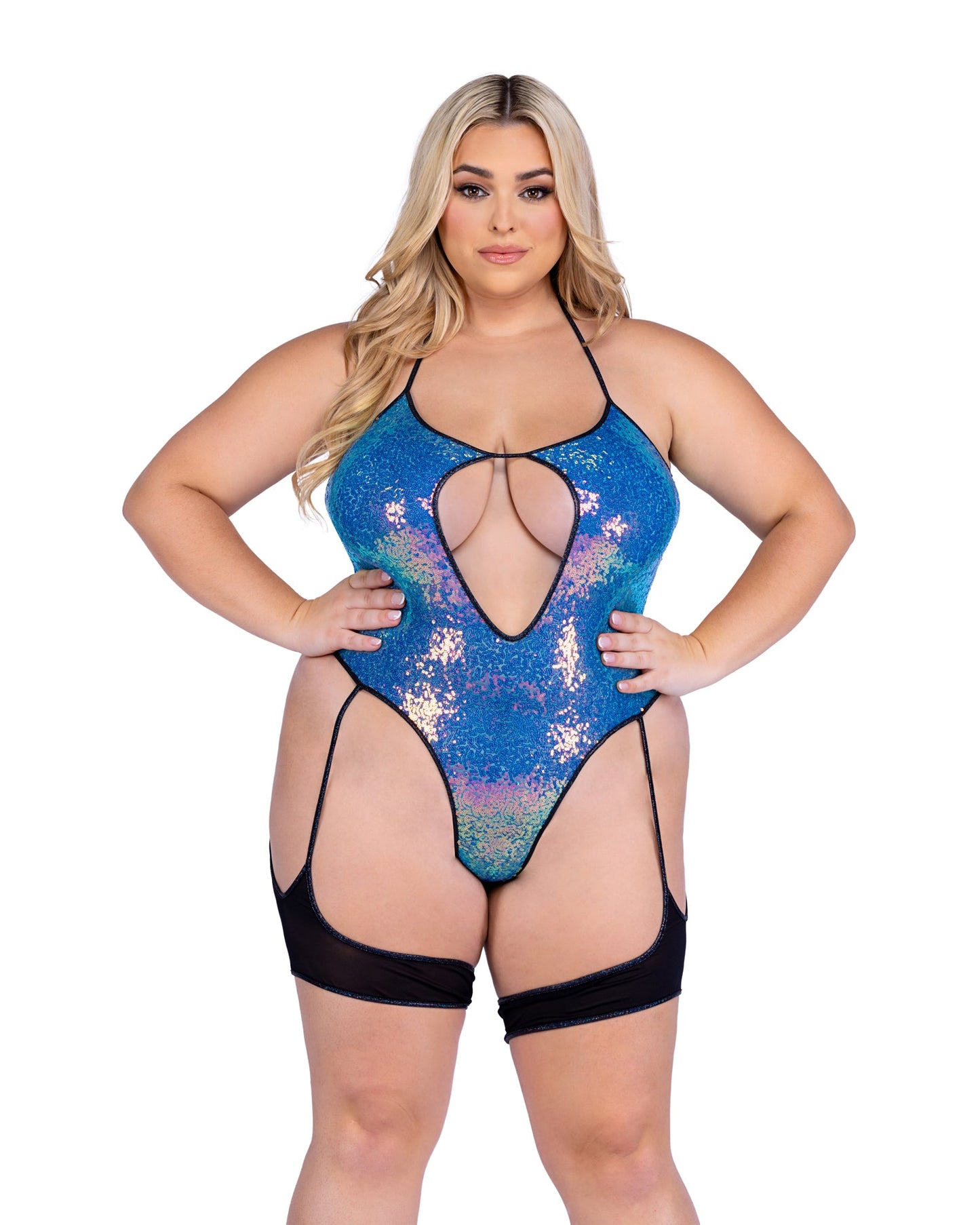 Roma Festival Rave Sequin Keyhole Romper Blue