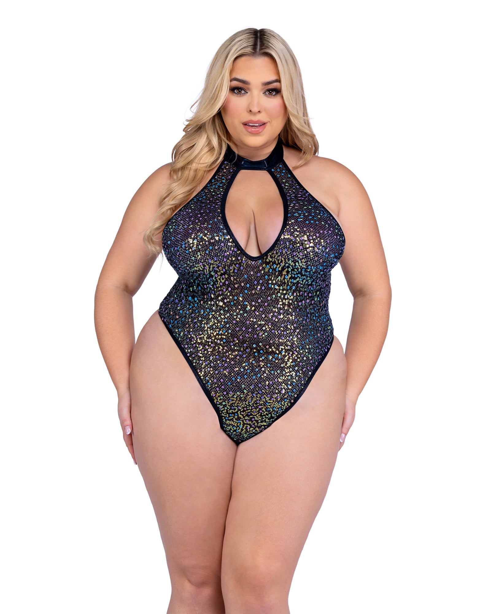 Roma Festival Rave Sequin Fishnet Keyhole Romper Black or White