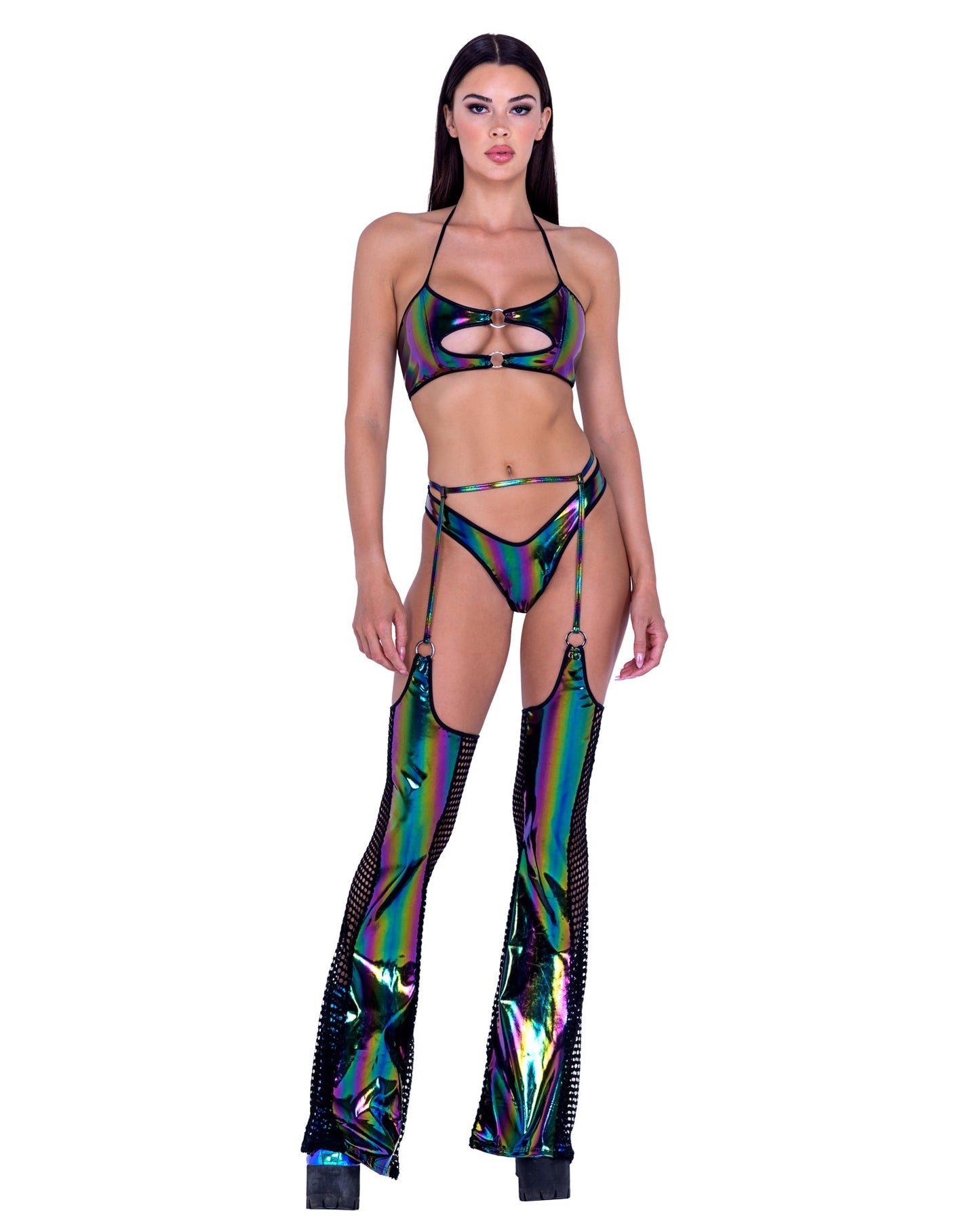 Roma Festival Rave Rainbow Print Vinyl & Fishnet Chaps