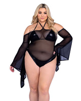 Roma Costume Stripper Sheer Mesh Romper with Bell Sleeves