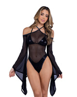 Roma Costume Stripper Sheer Mesh Romper with Bell Sleeves