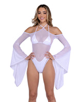 Roma Costume Stripper Sheer Mesh Romper with Bell Sleeves