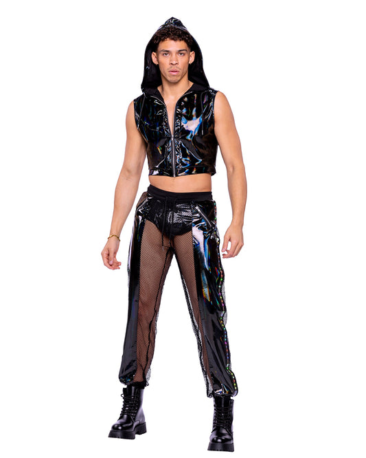 Roma Festival Rave Vinyl with Iridescent Print Cropped Zip-Up Hooded Sleeveless Jacket