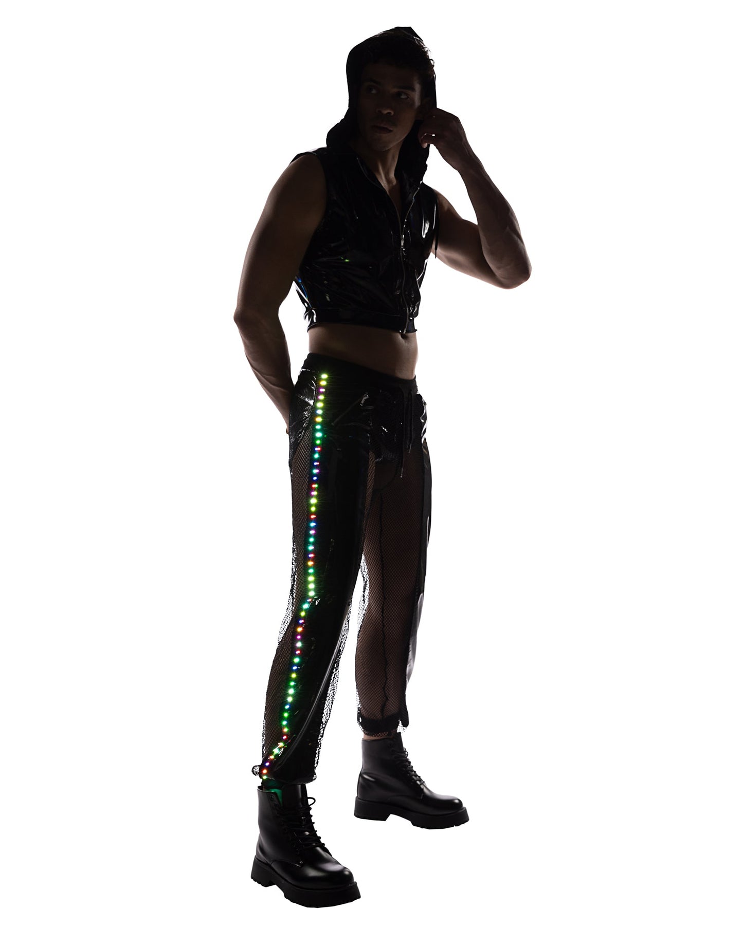 Roma Festival Rave Vinyl with Iridescent Print Cropped Zip-Up Hooded Sleeveless Jacket