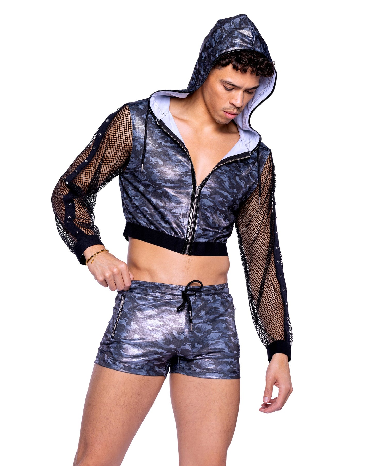 Roma Festival Rave Shimmer Camouflage Cropped Hooded Jacket