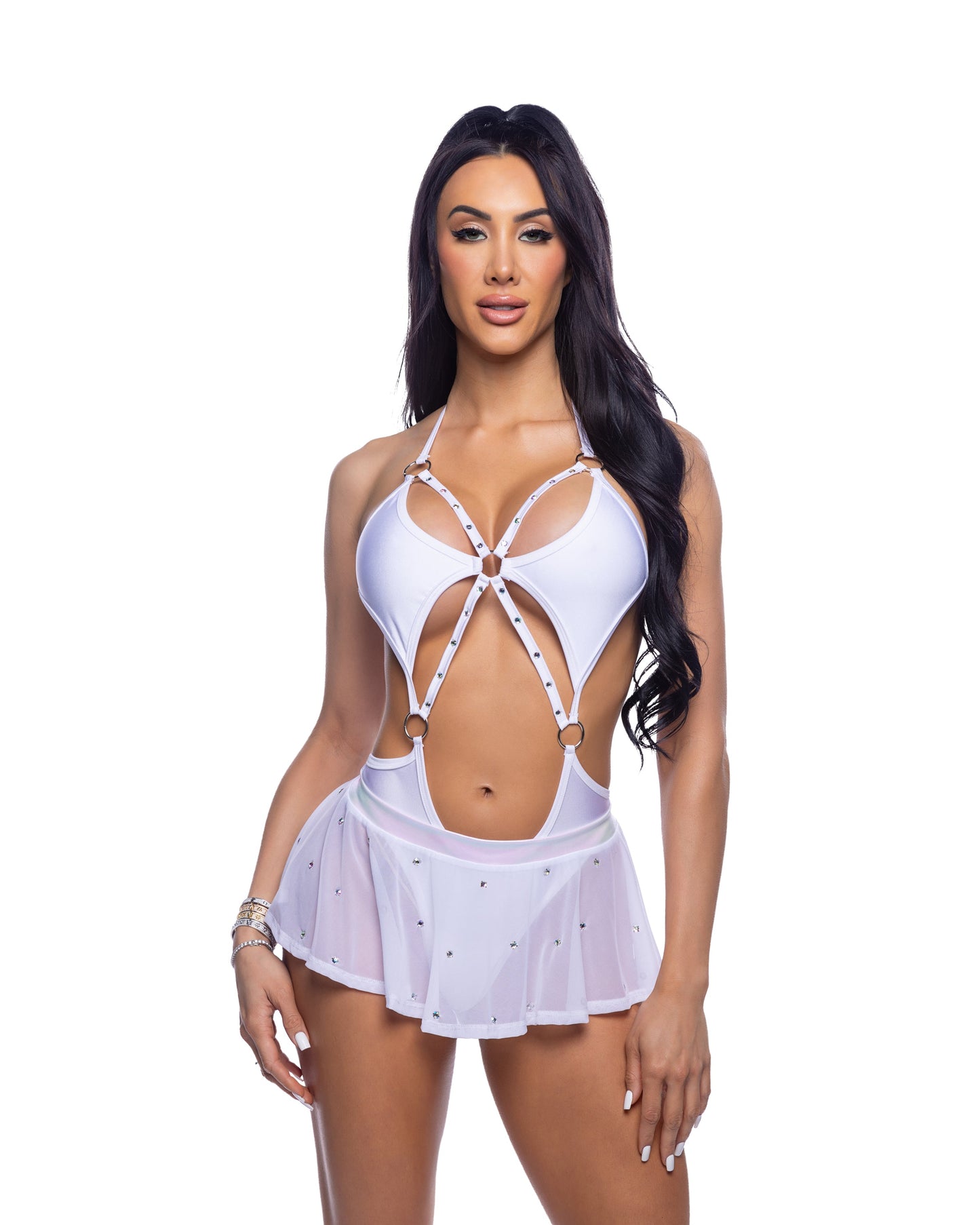 Roma Costume Stripper Bedazzled Mesh Mini Skirt Rhinestone Detail