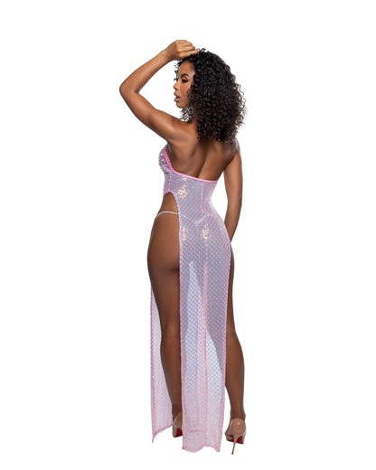 Roma Dancewear Stripper Sexy Long Diamond Sequin Mesh Gown with Slits