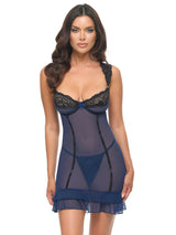 Oh la la Cheri Amanda Unlined Underwire Babydoll with Lace and Ruffle Detail & G-string Estate Blue/Black