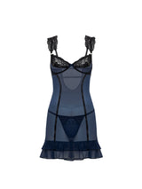 Oh la la Cheri Amanda Unlined Underwire Babydoll with Lace and Ruffle Detail & G-string Estate Blue/Black