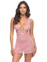 Oh la la Cheri Jules Soft Cup Lace and Mesh Crossover Elastic Babydoll & G-string Lilas