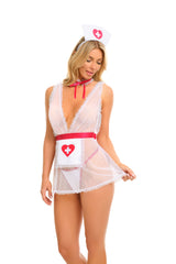 Oh la la Cheri Nurse Cheri Soft Cup Pin Dot Mesh Flyaway Babydoll with Ruffled Trim Red/White